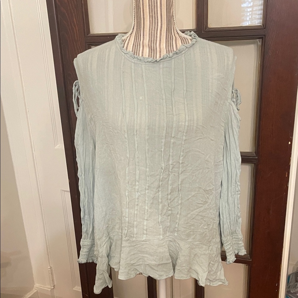 Light Green Cold-Shoulder Pintuck Blouse